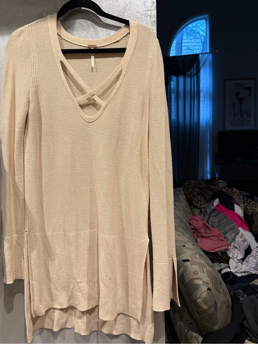 Free People Neutral Beige Knit Top with Textured Stitch